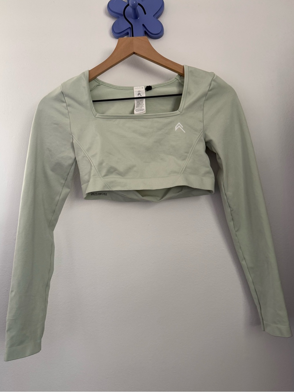 Oner Active Medium Crop Long Sleeve Square Neck Sage Mint Gym Active Workout